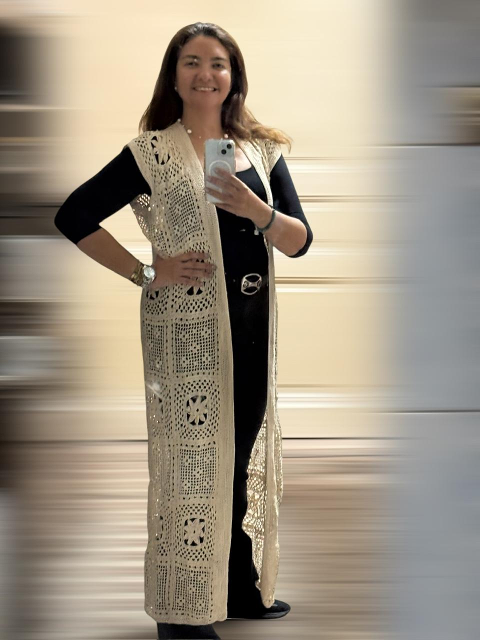 Long Beige Crochet Vest