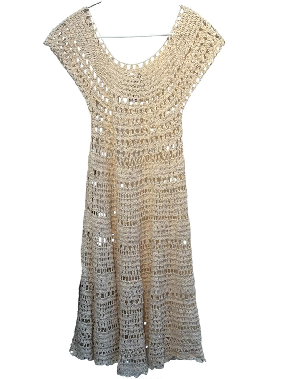 Wide-Neck Beige Crochet Dress